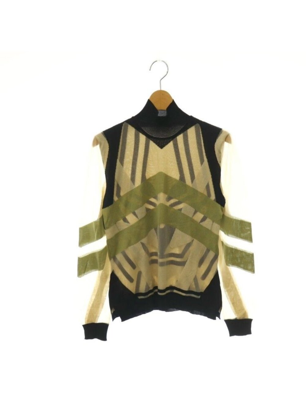 Fendi Silk Hybrid High Neck Knit Top Long Sleeve Light Beige Navy Sweater 38